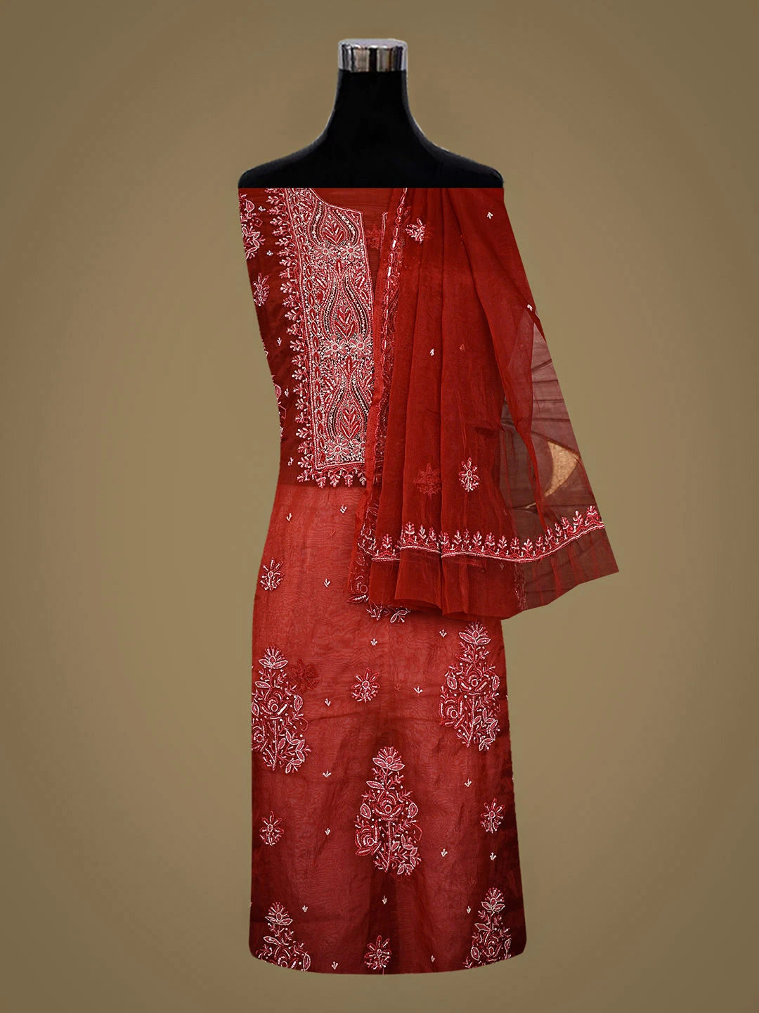 Ada Hand Embroidere Rust Organza Lucknowi Chikankari Unstitched Kurta Dupatta Set With Cutdana Work 01A720596