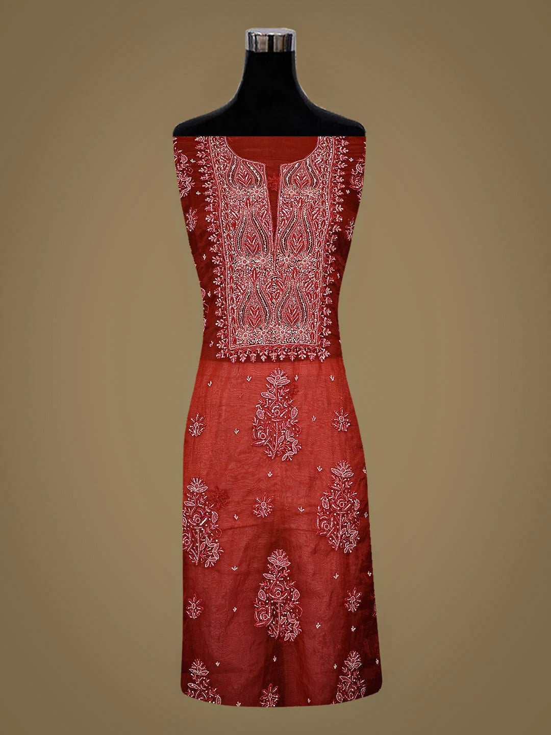 Ada Hand Embroidere Rust Organza Lucknowi Chikankari Unstitched Kurta Dupatta Set With Cutdana Work 01A720596