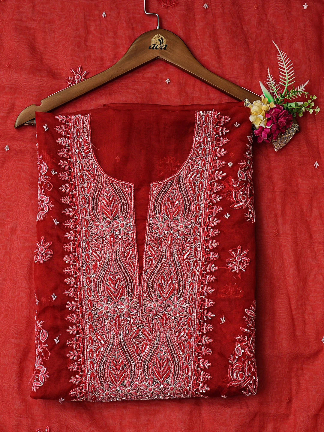 Ada Hand Embroidere Rust Organza Lucknowi Chikankari Unstitched Kurta Dupatta Set With Cutdana Work 01A720596