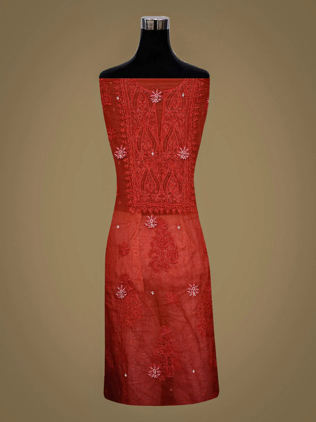 Ada Hand Embroidere Rust Organza Lucknowi Chikankari Unstitched Kurta Dupatta Set With Cutdana Work 01A720596