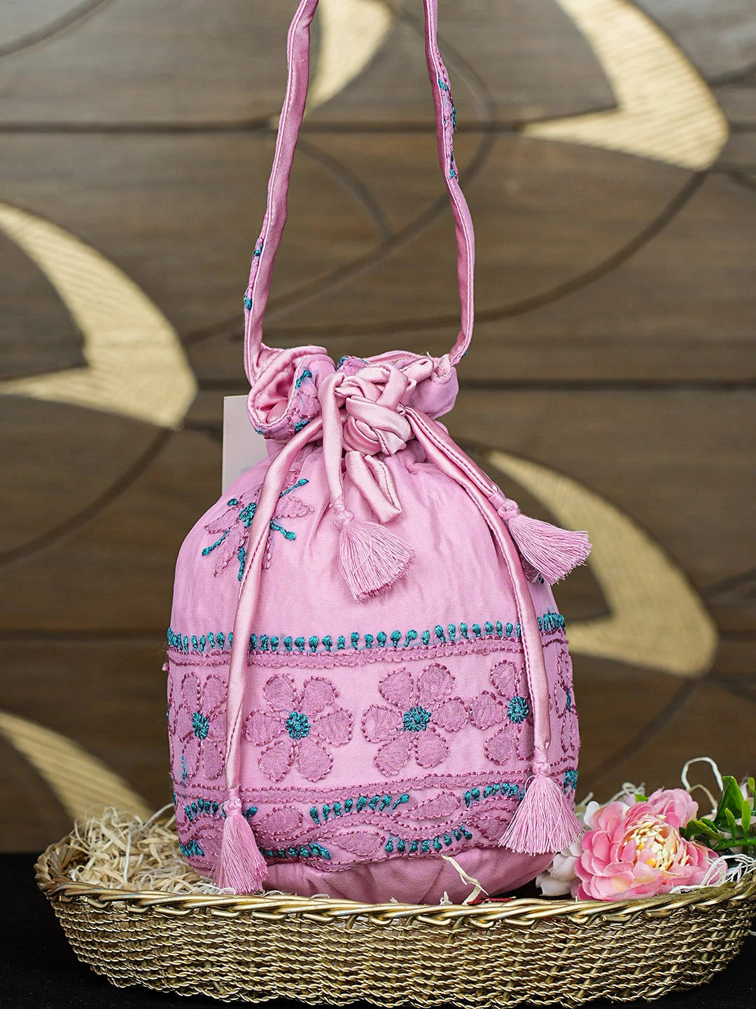 Ada Hand Embroidered Pink Gerogette Lucknowi Chikankari Potli Bag 01A937135