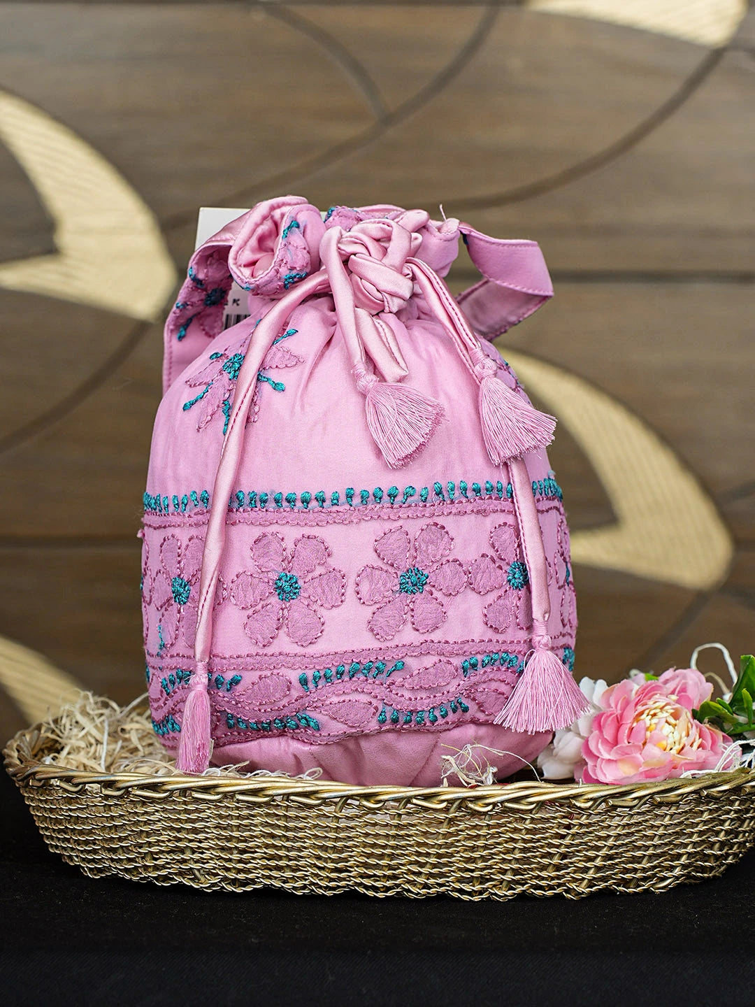 Ada Hand Embroidered Pink Gerogette Lucknowi Chikankari Potli Bag 01A937135