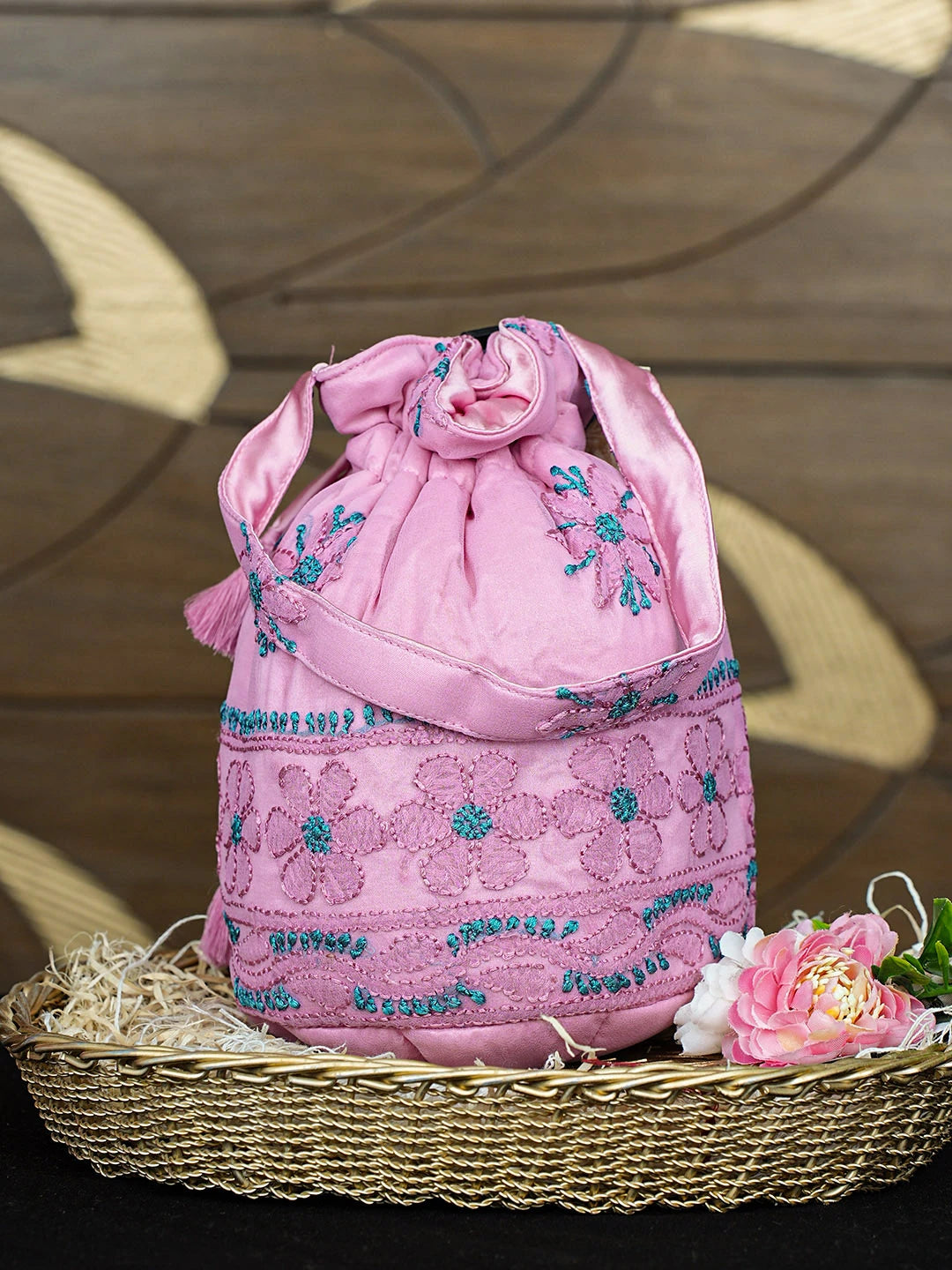 Ada Hand Embroidered Pink Gerogette Lucknowi Chikankari Potli Bag 01A937135