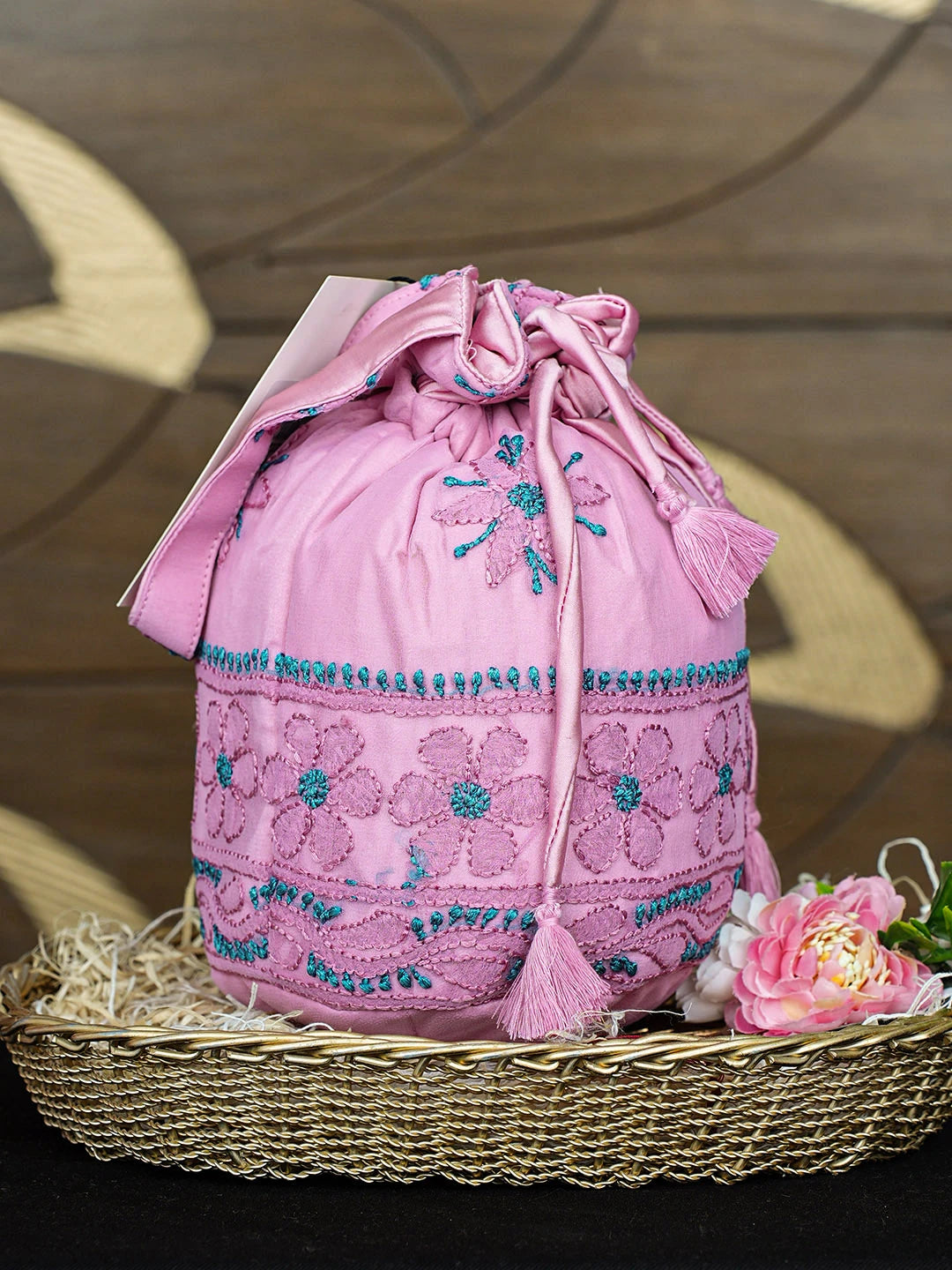 Ada Hand Embroidered Pink Gerogette Lucknowi Chikankari Potli Bag 01A937135