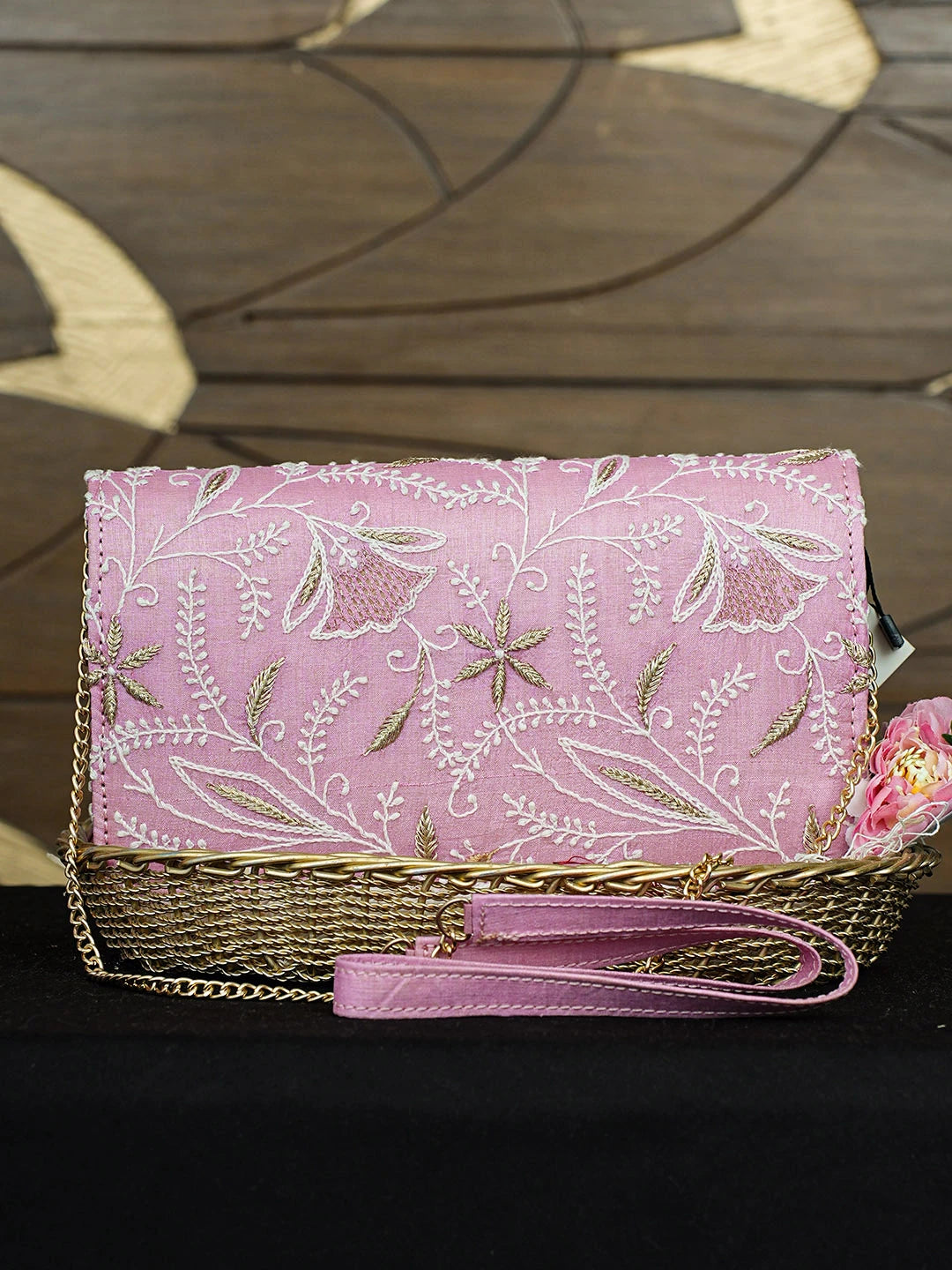 Ada Hand Embroidered Pink Silk Lucknowi Chikankari Clutch With Zari Work 01A926522