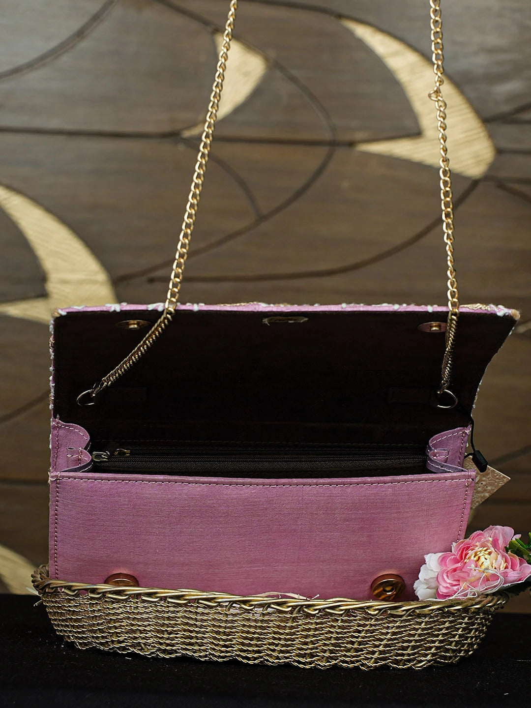 Ada Hand Embroidered Pink Silk Lucknowi Chikankari Clutch With Zari Work 01A926522