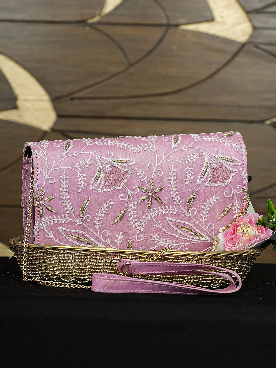 Ada Hand Embroidered Pink Silk Lucknowi Chikankari Clutch With Zari Work 01A926522
