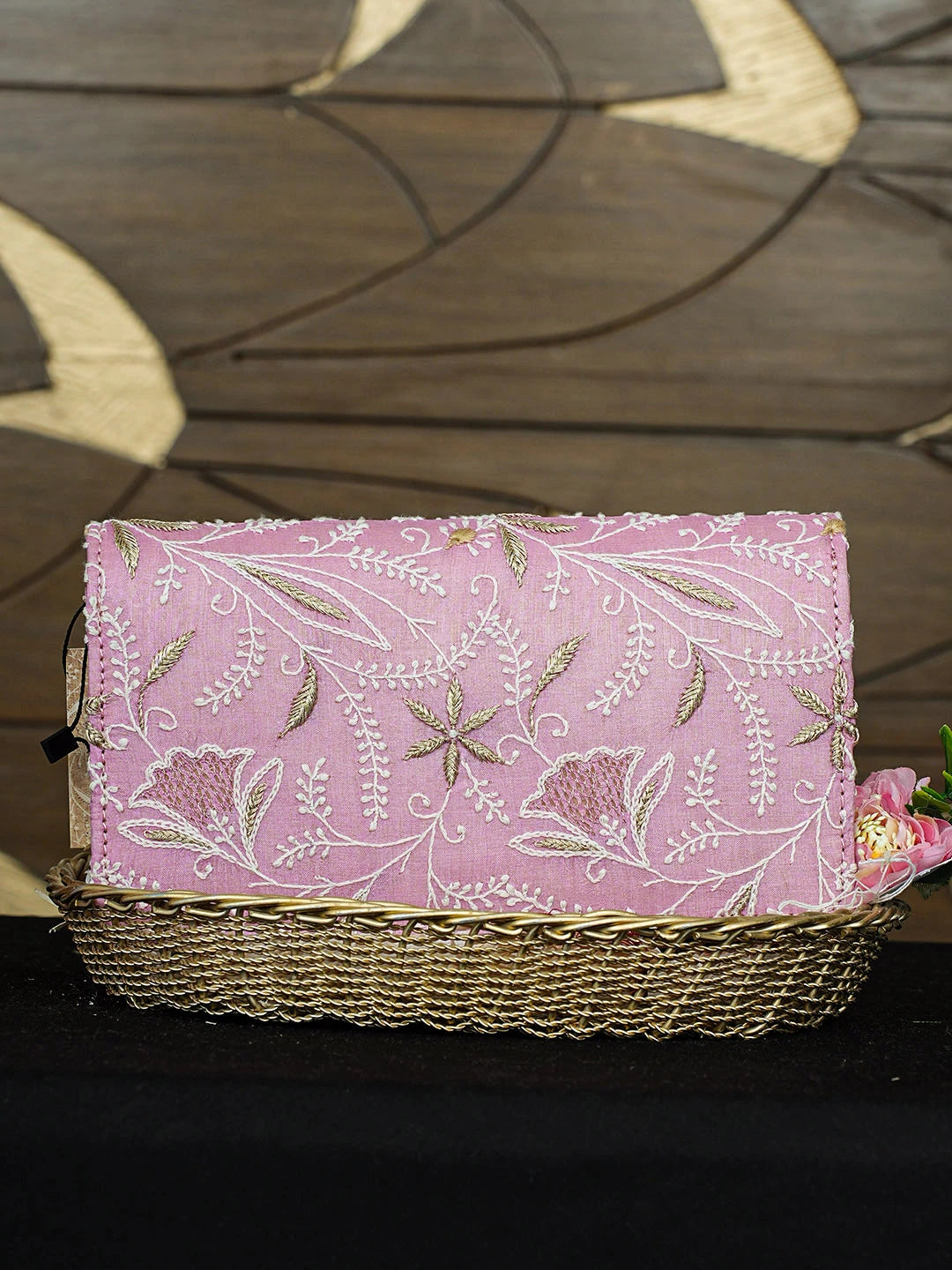 Ada Hand Embroidered Pink Silk Lucknowi Chikankari Clutch With Zari Work 01A926522