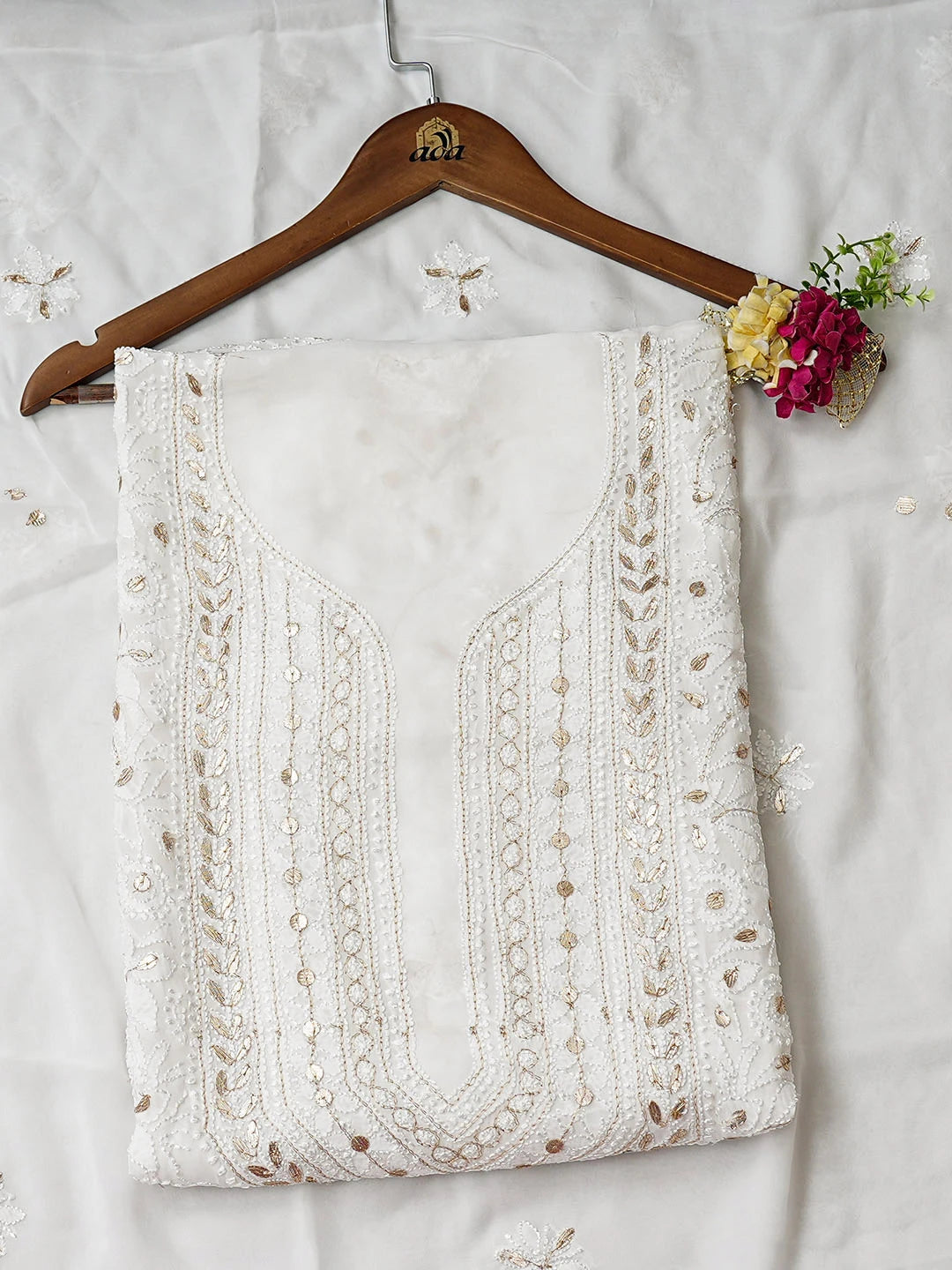 Ada Hand Embroidere White Viscose Georgette Lucknowi Chikankari Unstitched Kurta Dupatta Set With Gota Patti Work 01A944865