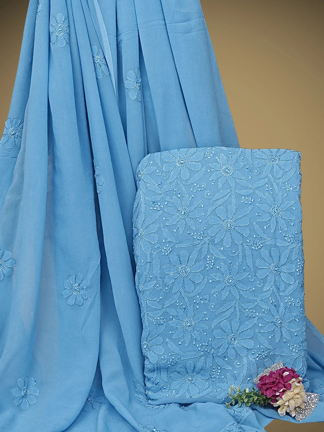 Ada Hand Embroidered Blue Bell Viscose Georgette Lucknowi Chikankari Unstitched Kurta Dupatta Set 01A946292