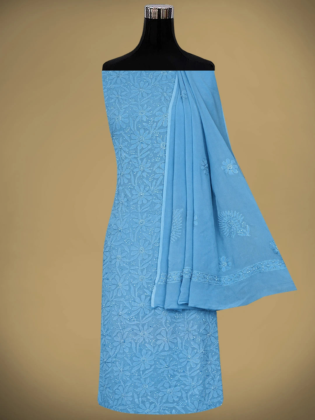 Ada Hand Embroidered Blue Bell Viscose Georgette Lucknowi Chikankari Unstitched Kurta Dupatta Set 01A946292