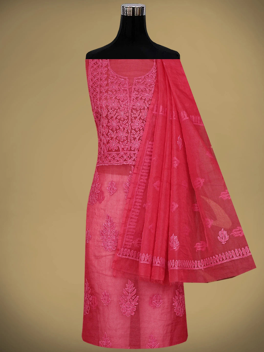 Ada Hand Embroidered Flag Red Organza Lucknowi Chikankari Unstitched Kurta Dupatta Set 01A908458