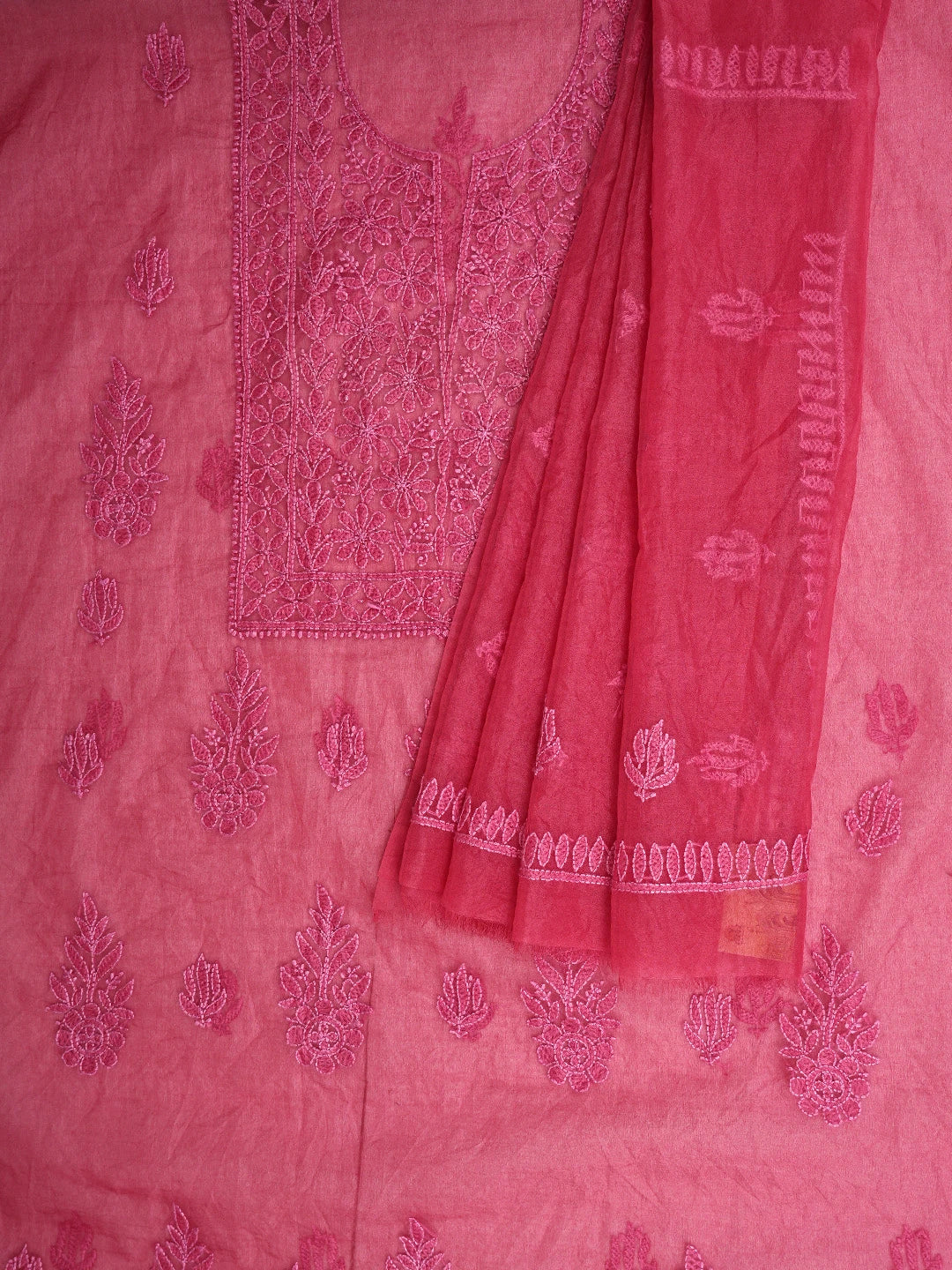 Ada Hand Embroidered Flag Red Organza Lucknowi Chikankari Unstitched Kurta Dupatta Set 01A908458