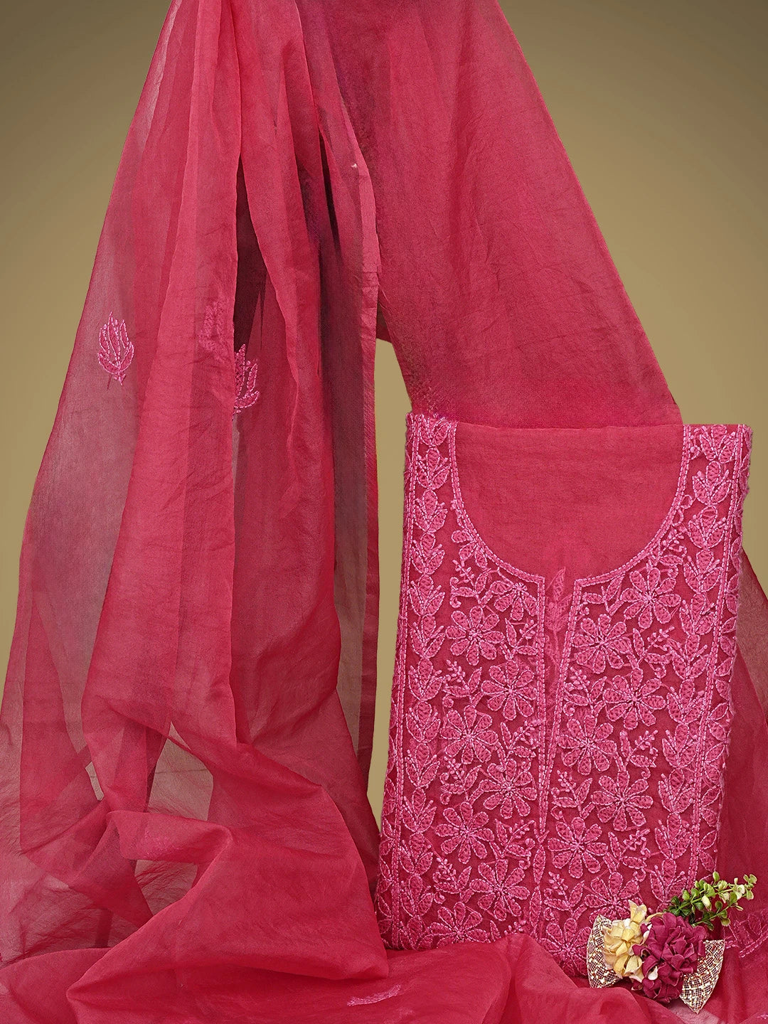 Ada Hand Embroidered Flag Red Organza Lucknowi Chikankari Unstitched Kurta Dupatta Set 01A908458