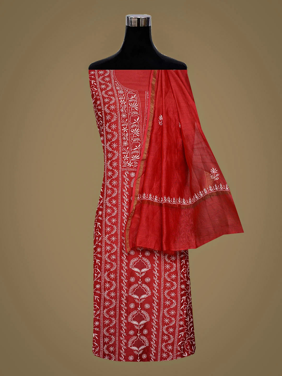 Ada Hand Embroidere Red Chanderi Lucknowi Chikankari Unstitched Kurta Dupatta Set 01A918945