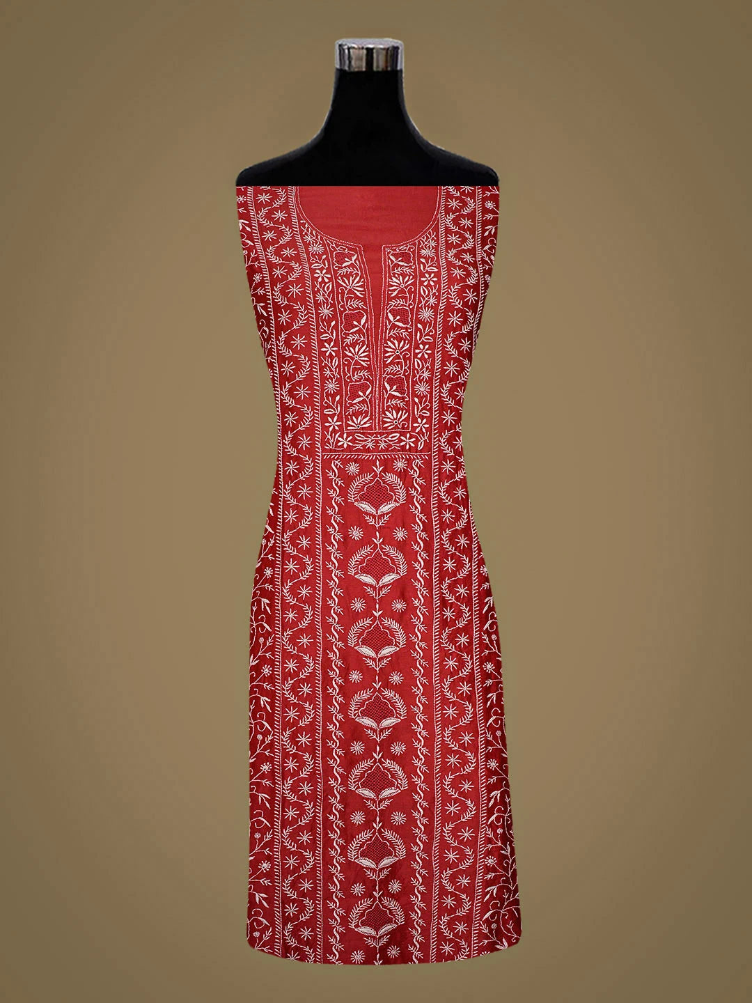 Ada Hand Embroidere Red Chanderi Lucknowi Chikankari Unstitched Kurta Dupatta Set 01A918945