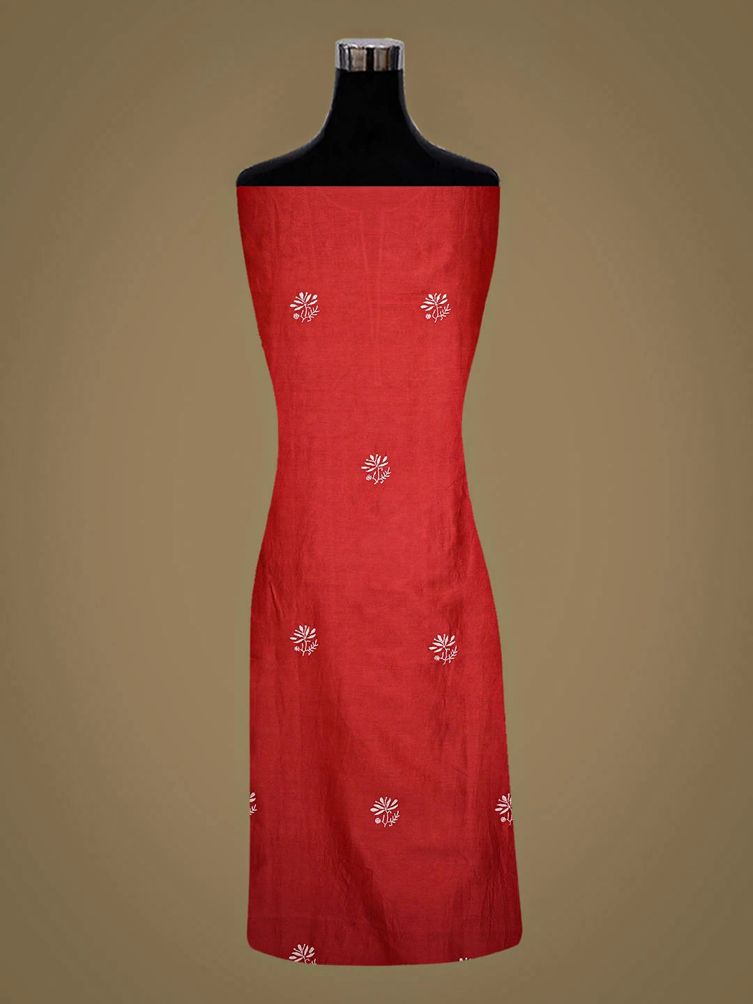 Ada Hand Embroidere Red Chanderi Lucknowi Chikankari Unstitched Kurta Dupatta Set 01A918945