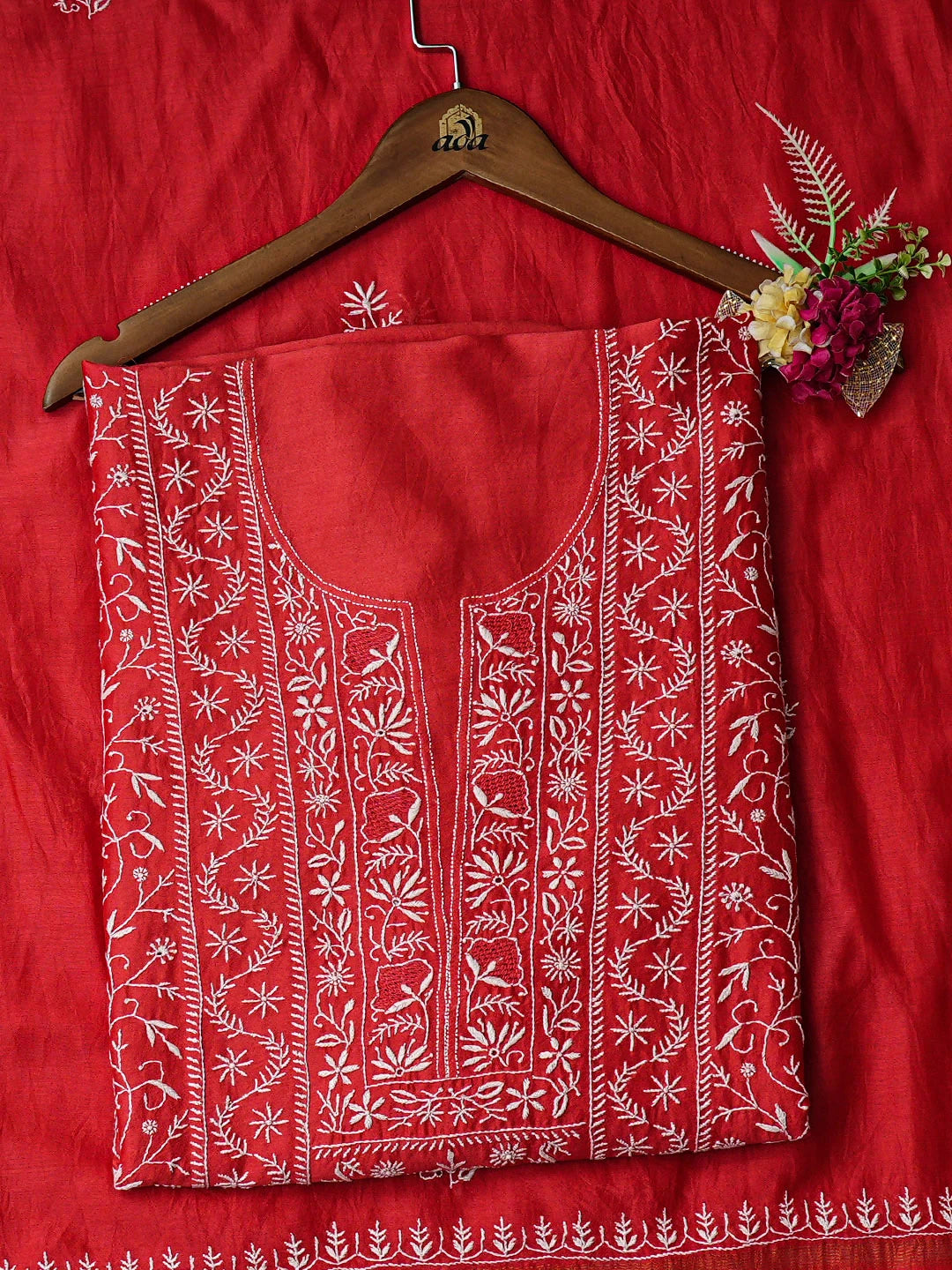 Ada Hand Embroidere Red Chanderi Lucknowi Chikankari Unstitched Kurta Dupatta Set 01A918945