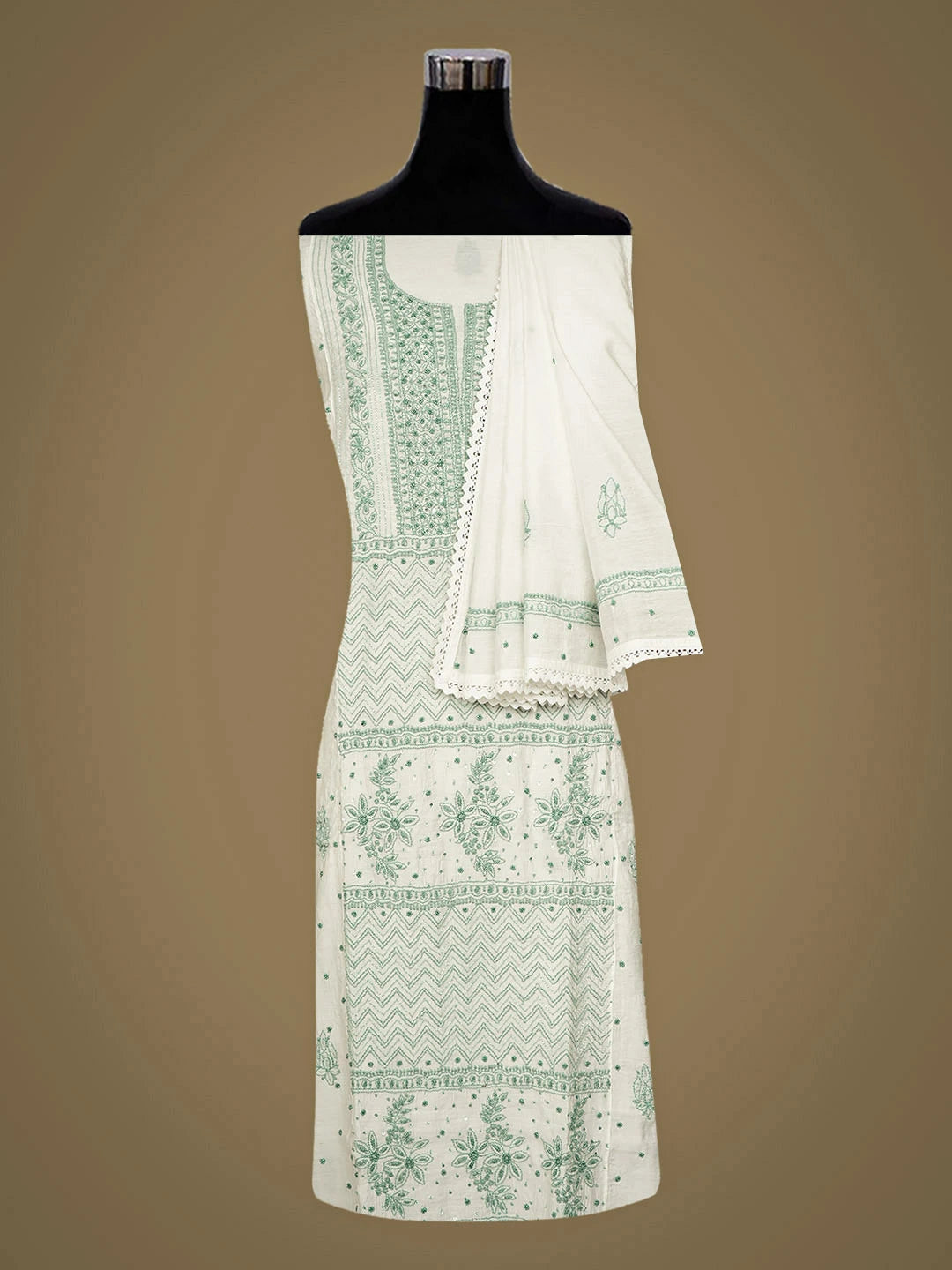 Ada Hand Embroidere White Chanderi Lucknowi Chikankari Semi-stitched Kurta Dupatta Set With Cutdana Work 01A954416