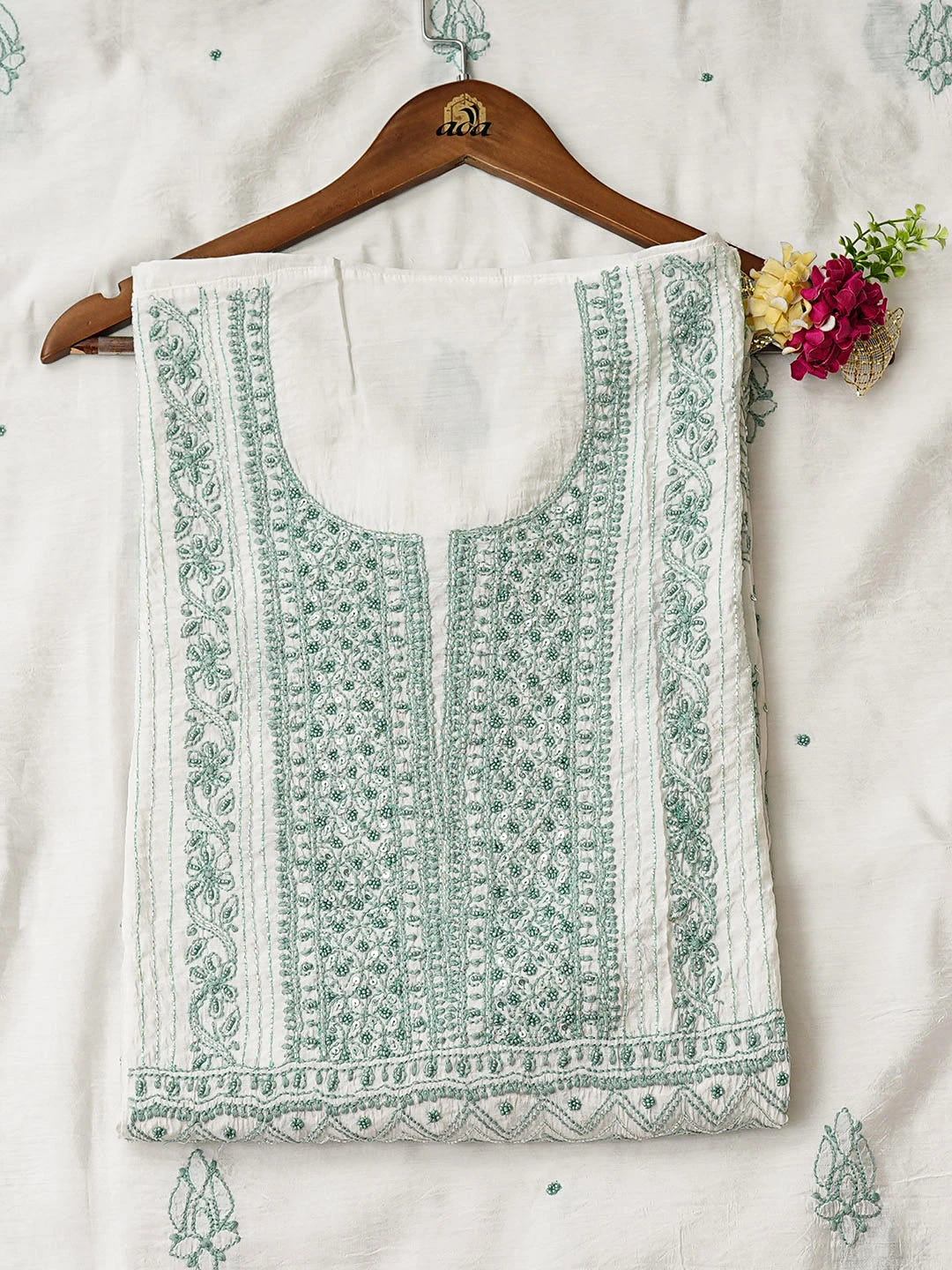 Ada Hand Embroidere White Chanderi Lucknowi Chikankari Semi-stitched Kurta Dupatta Set With Cutdana Work 01A954416