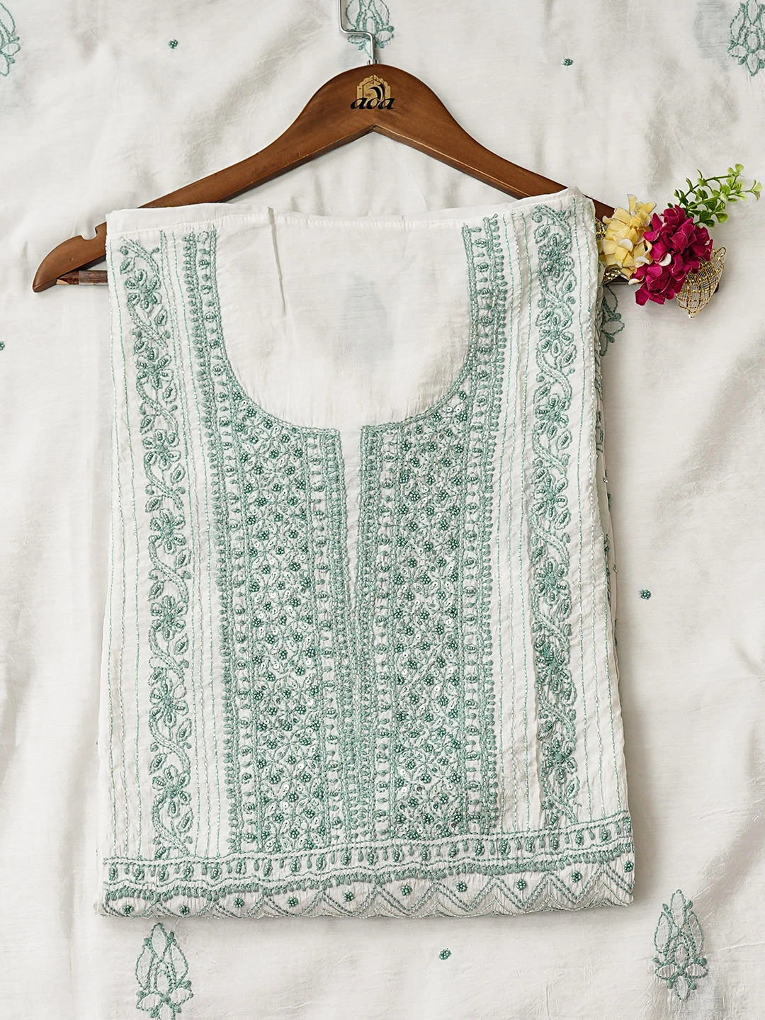 Ada Hand Embroidere White Chanderi Lucknowi Chikankari Semi-stitched Kurta Dupatta Set With Cutdana Work 01A954416