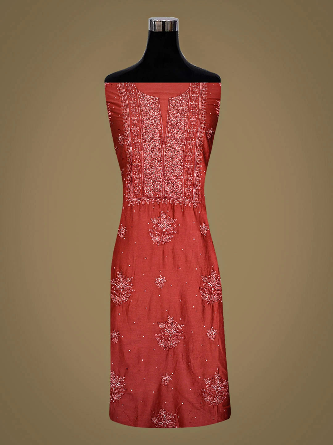 Ada Hand Embroidere Rust Chanderi Lucknowi Chikankari Unstitched Kurta Dupatta Set With Cutdana Work 01A680984