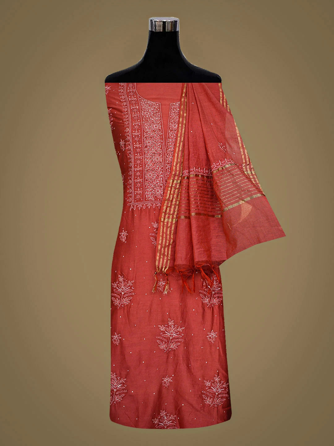 Ada Hand Embroidere Rust Chanderi Lucknowi Chikankari Unstitched Kurta Dupatta Set With Cutdana Work 01A680984