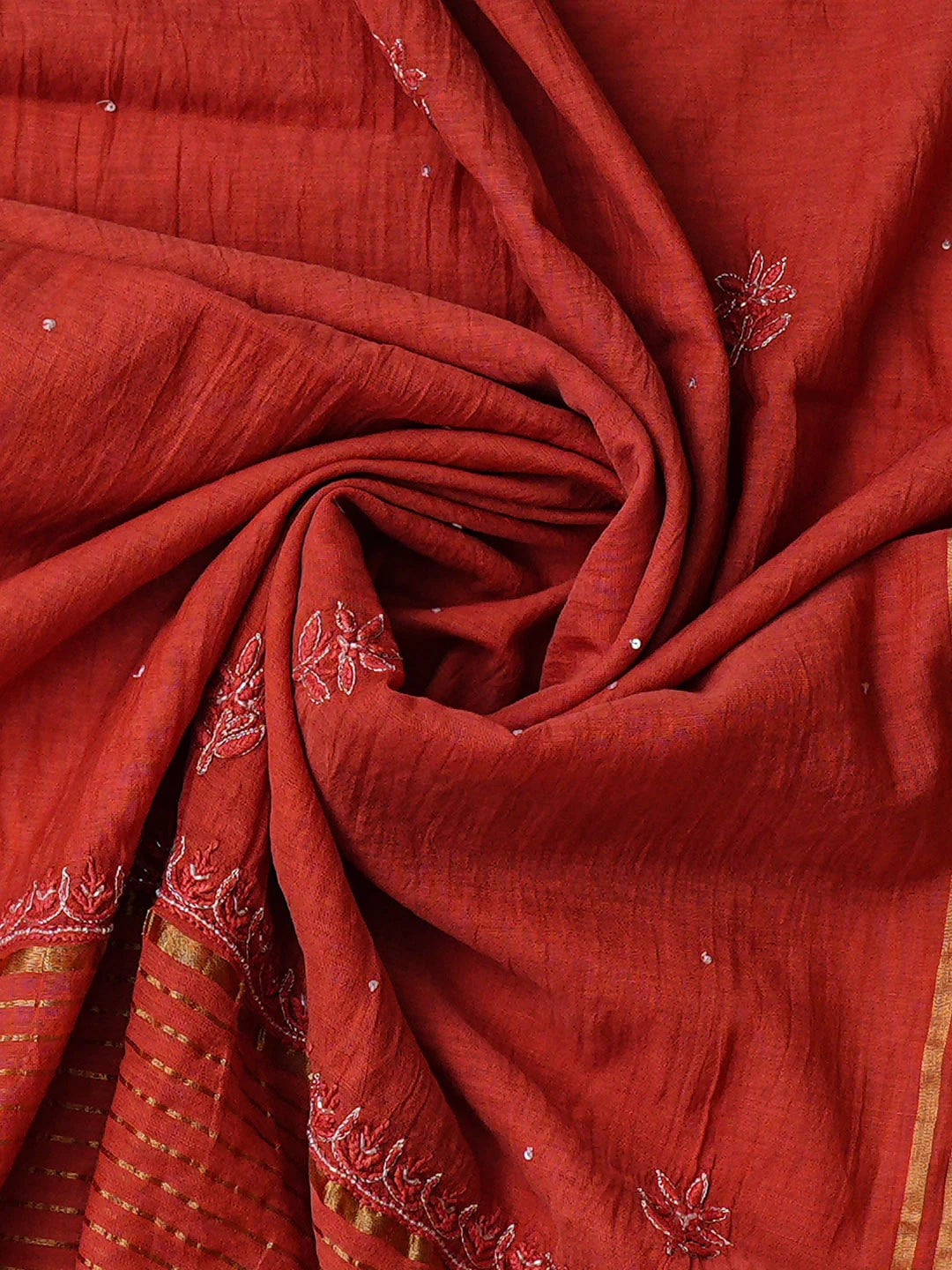 Ada Hand Embroidere Rust Chanderi Lucknowi Chikankari Unstitched Kurta Dupatta Set With Cutdana Work 01A680984