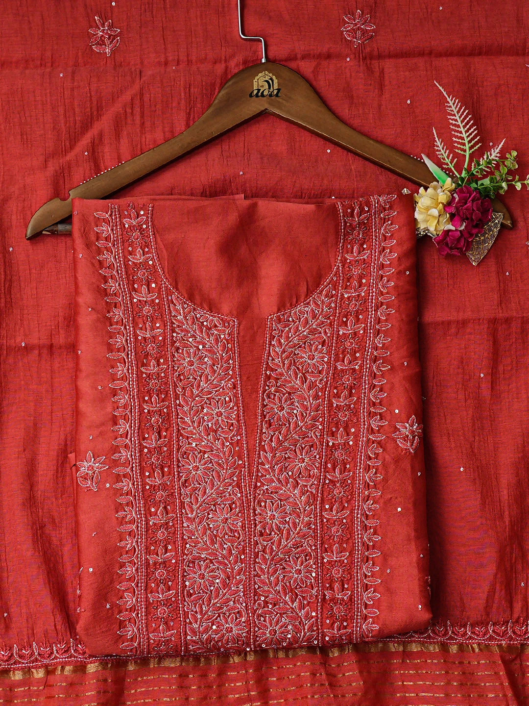 Ada Hand Embroidere Rust Chanderi Lucknowi Chikankari Unstitched Kurta Dupatta Set With Cutdana Work 01A680984