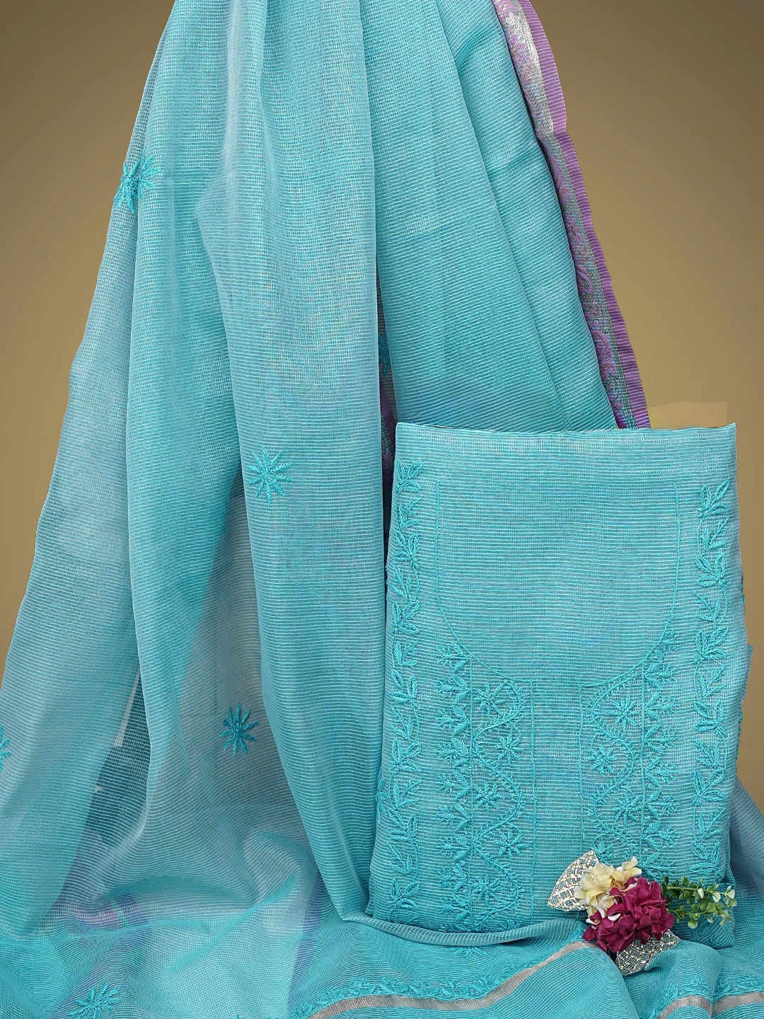 Ada Hand Embroidered Blue Tissue Lucknowi Chikankari Unstitched Kurta Dupatta Set 01A922238