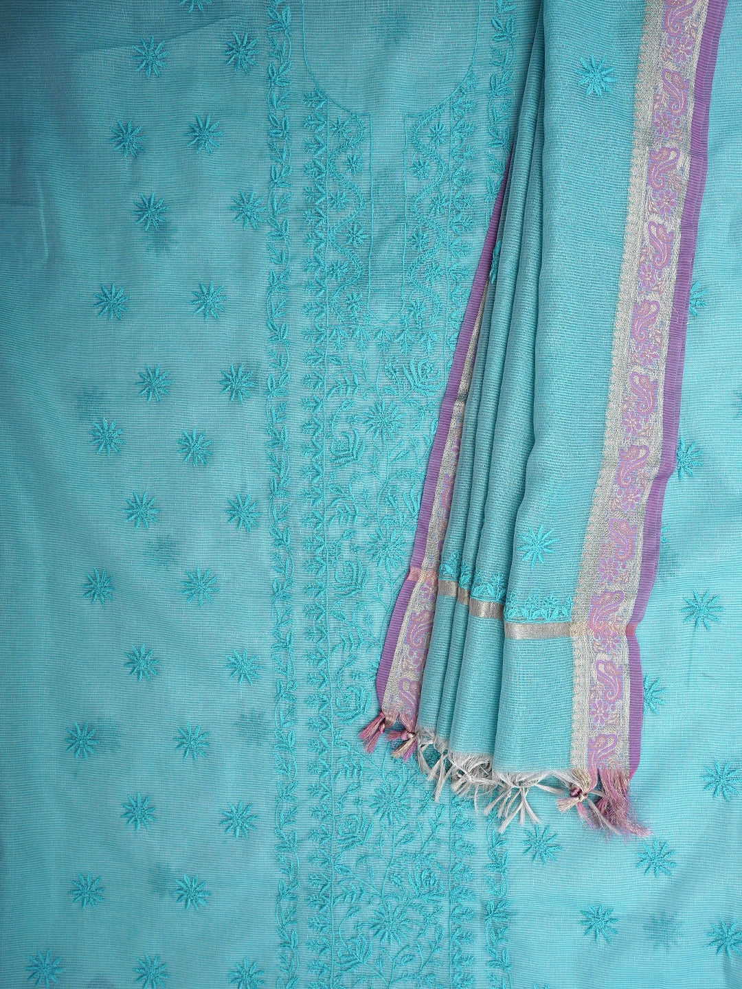 Ada Hand Embroidered Blue Tissue Lucknowi Chikankari Unstitched Kurta Dupatta Set 01A922238