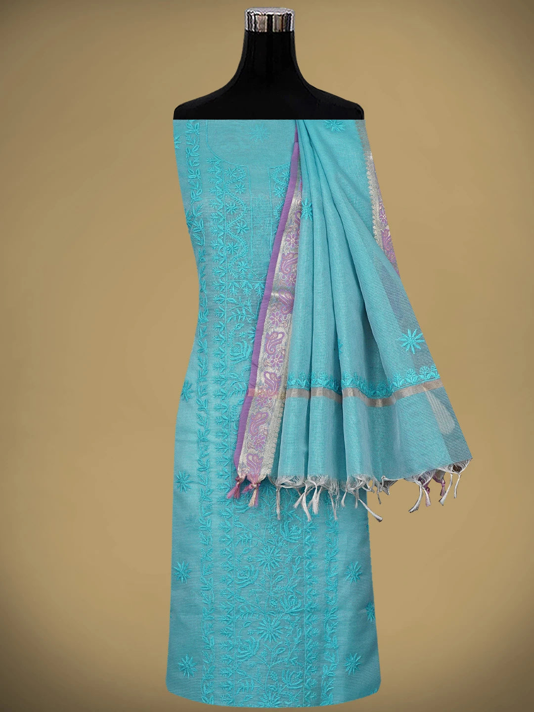 Ada Hand Embroidered Blue Tissue Lucknowi Chikankari Unstitched Kurta Dupatta Set 01A922238