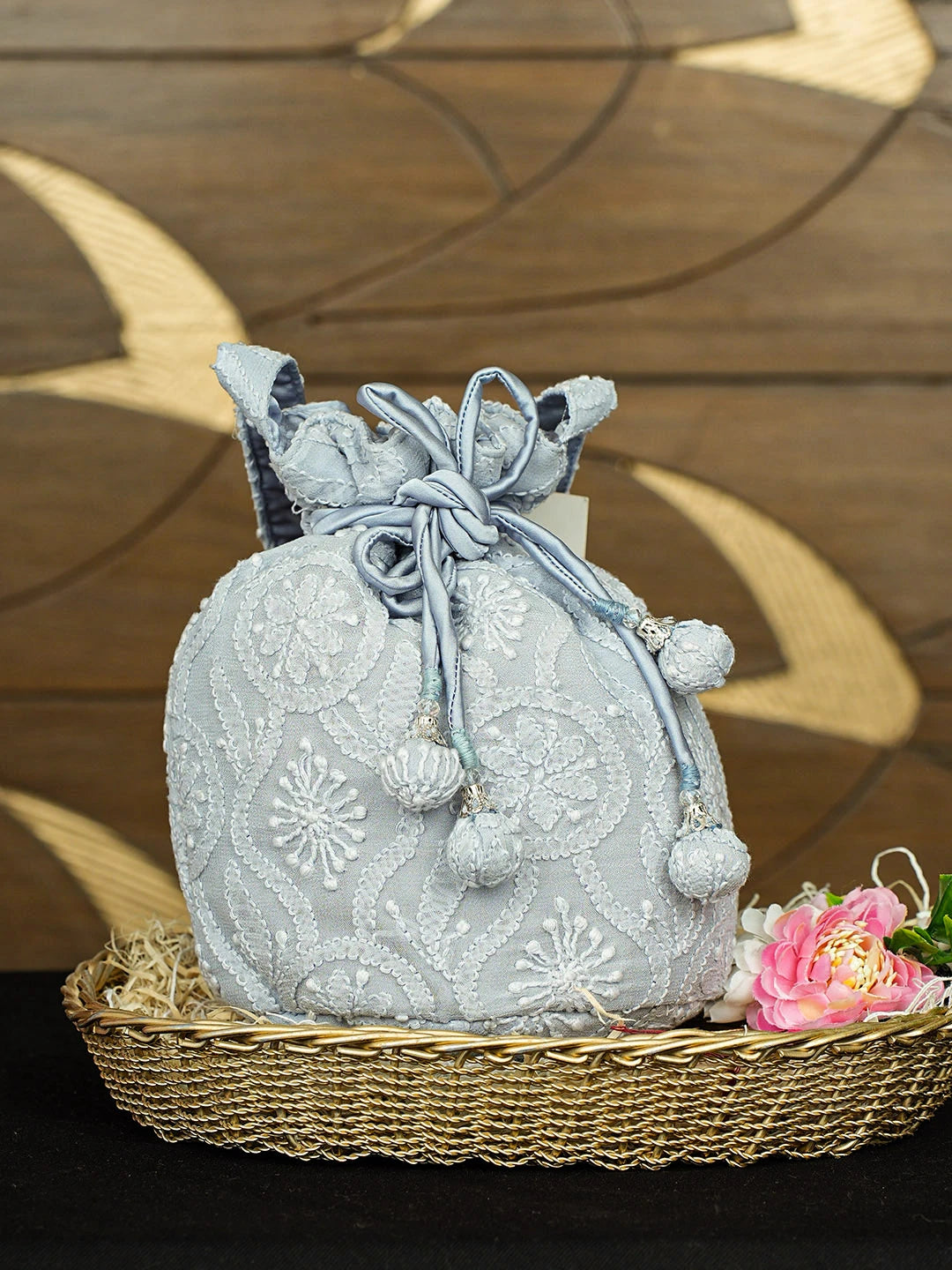 Ada Hand Embroidered Grey Viscose Gerogette Lucknowi Chikankari Potli Bag 01A922778