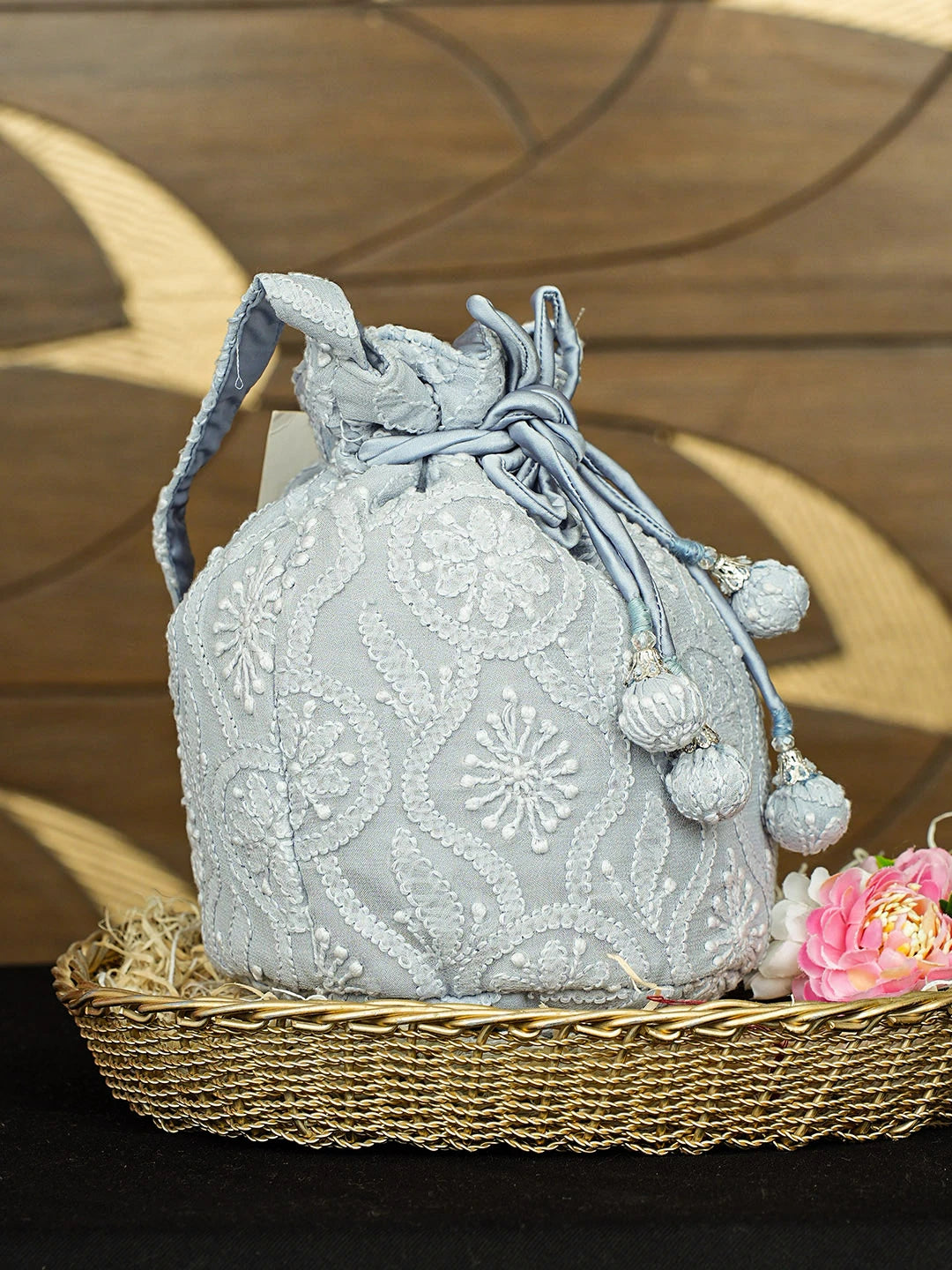 Ada Hand Embroidered Grey Viscose Gerogette Lucknowi Chikankari Potli Bag 01A922778