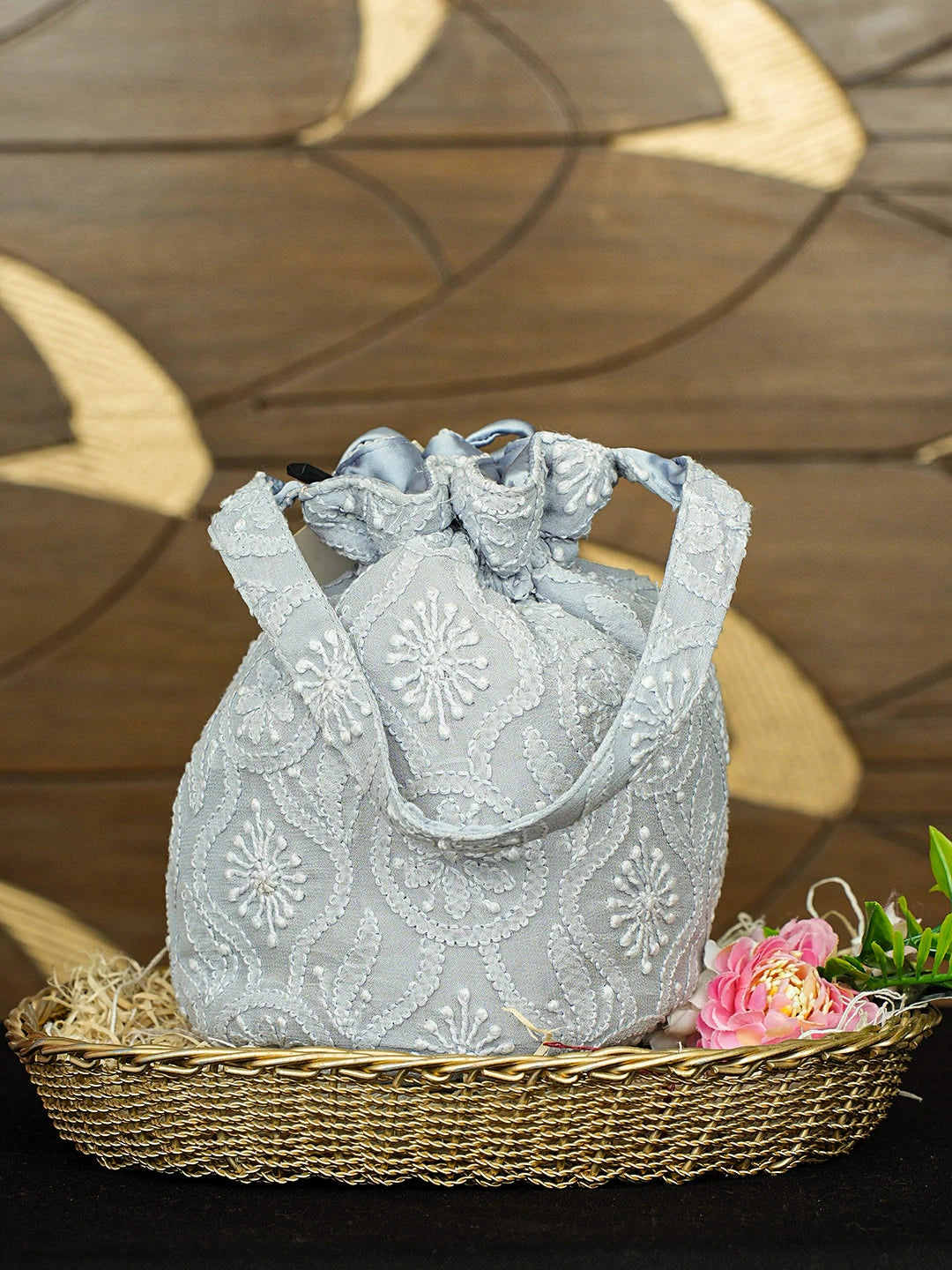 Ada Hand Embroidered Grey Viscose Gerogette Lucknowi Chikankari Potli Bag 01A922778