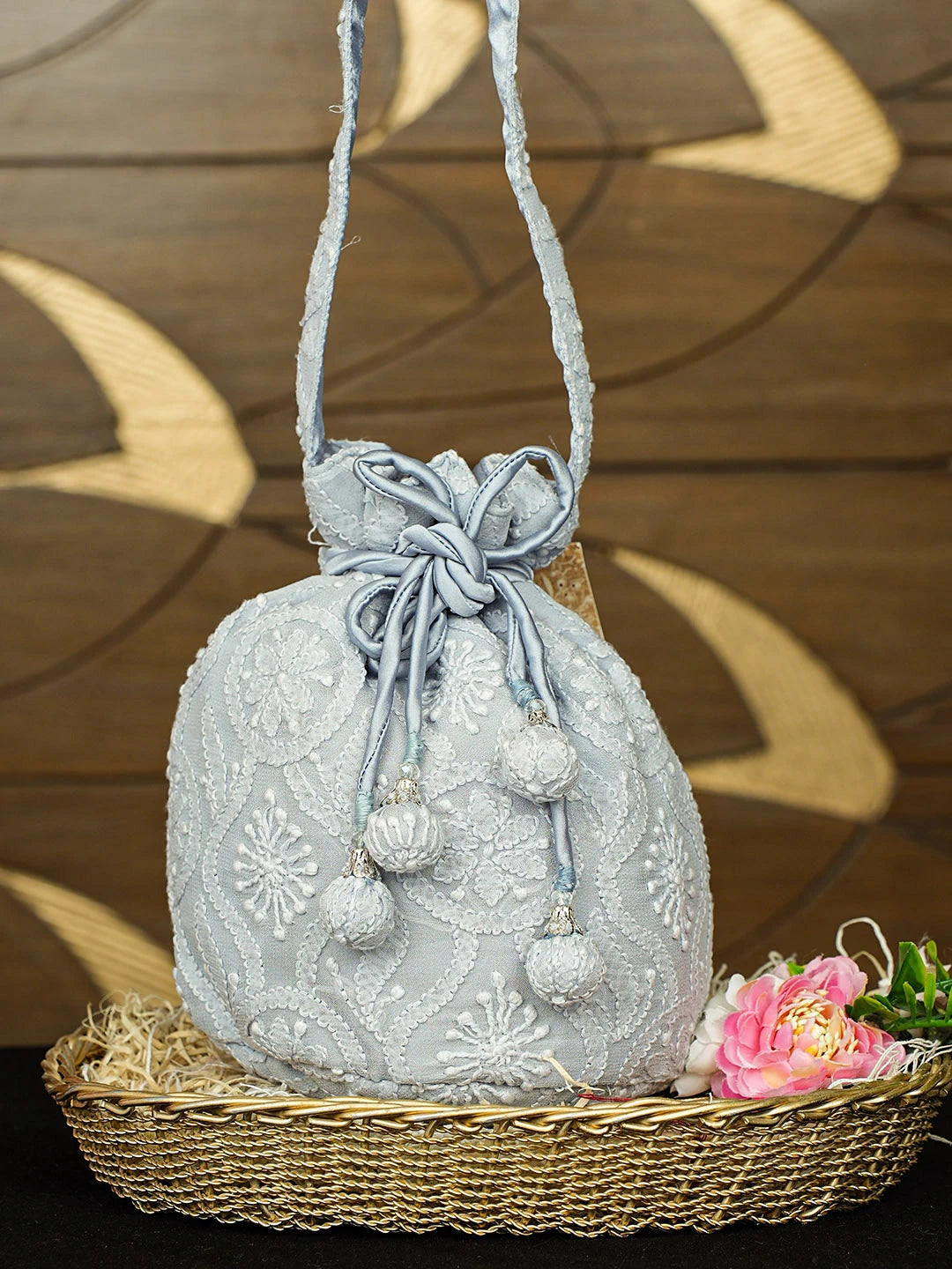 Ada Hand Embroidered Grey Viscose Gerogette Lucknowi Chikankari Potli Bag 01A922778