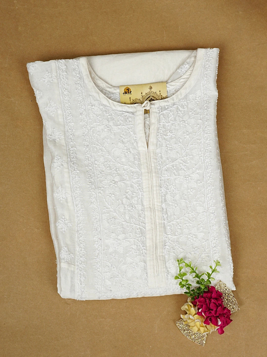Ada Hand Embroidered Beige Chanderi Lucknowi Chikankari Semi-Stitched Kurta Piece 01A591025