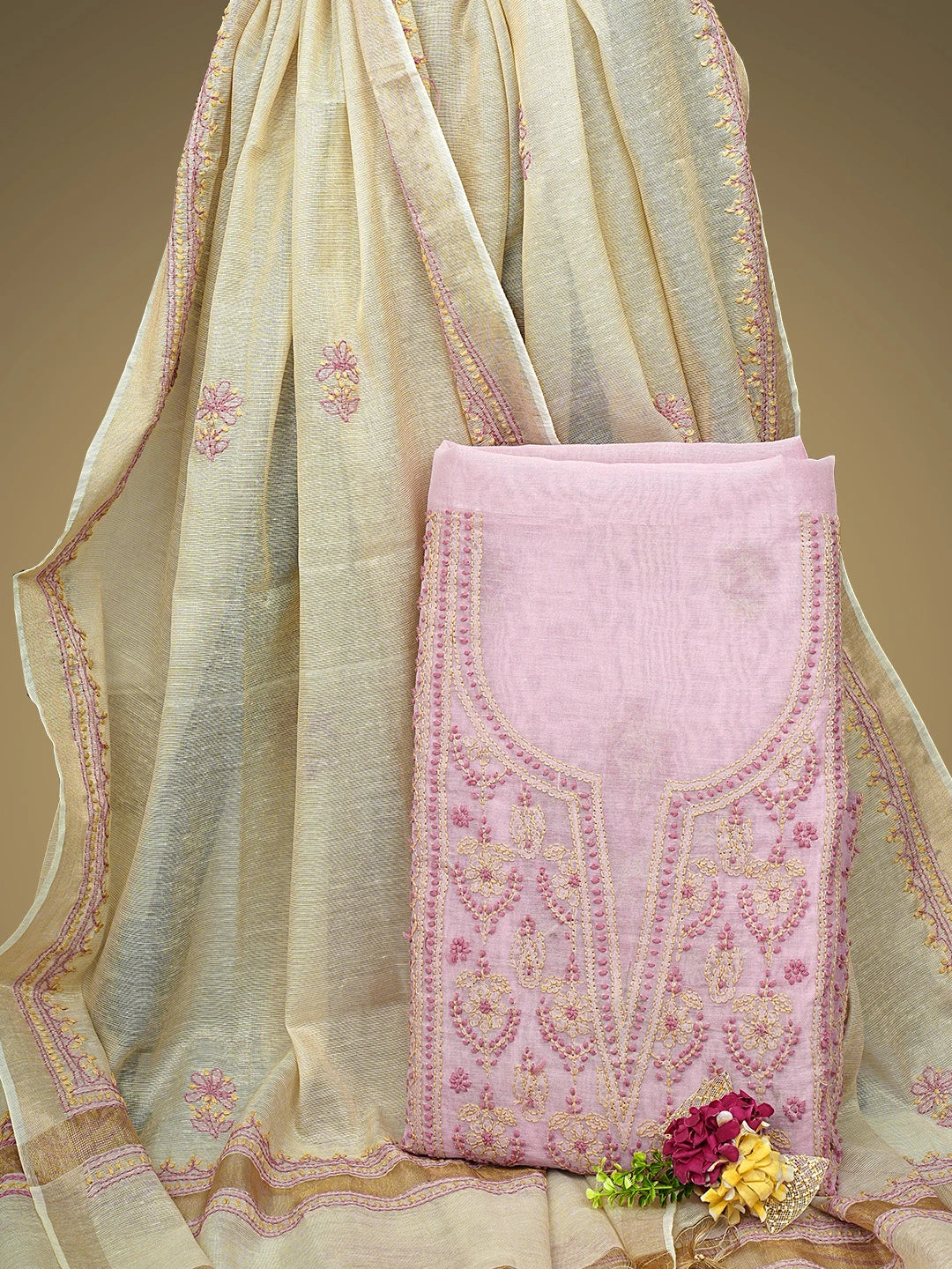 Ada Hand Embroidered Pink Chanderi Lucknowi Chikankari Unstitched Kurta Dupatta Set 01A710328