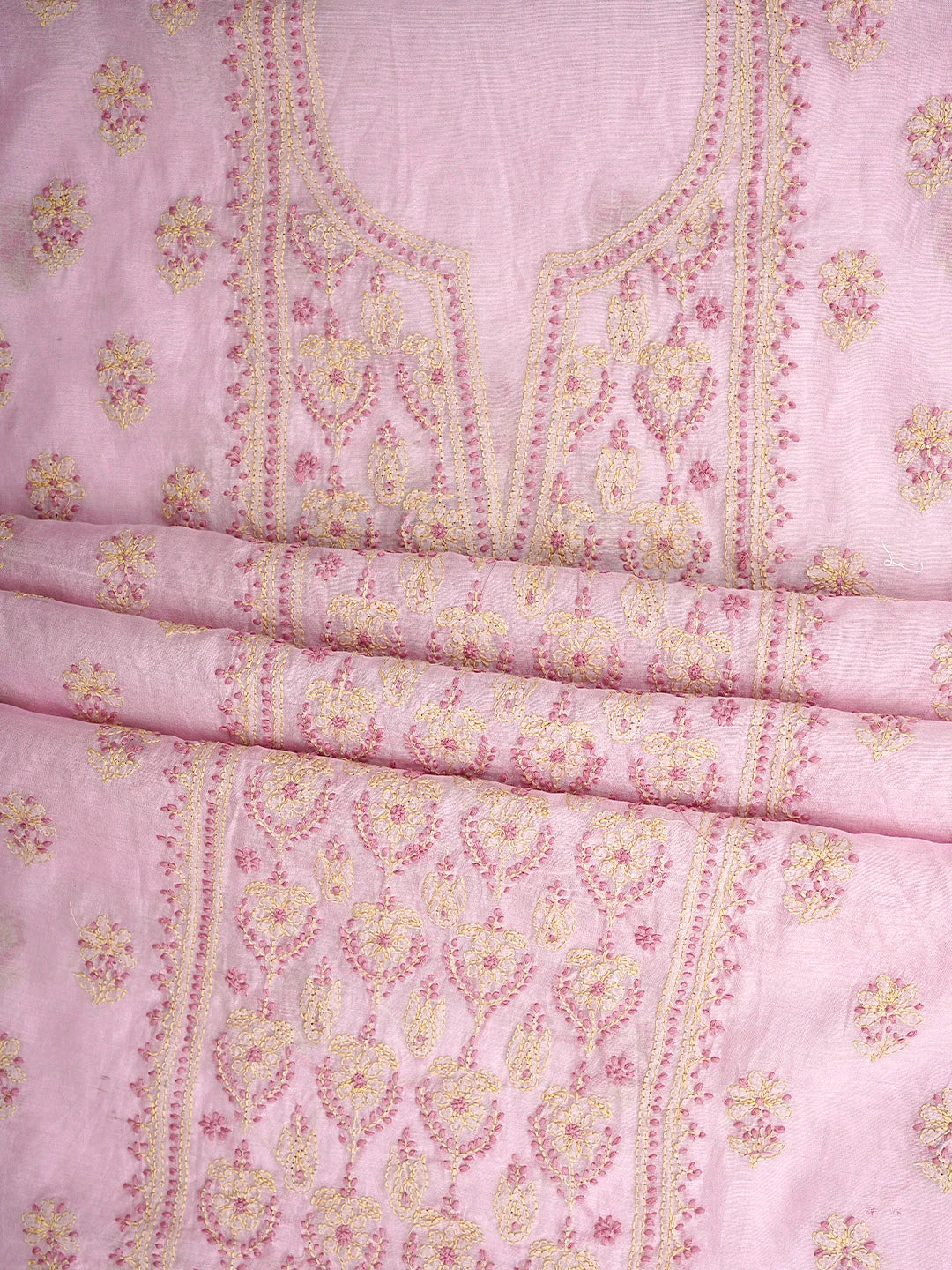 Ada Hand Embroidered Pink Chanderi Lucknowi Chikankari Unstitched Kurta Dupatta Set 01A710328
