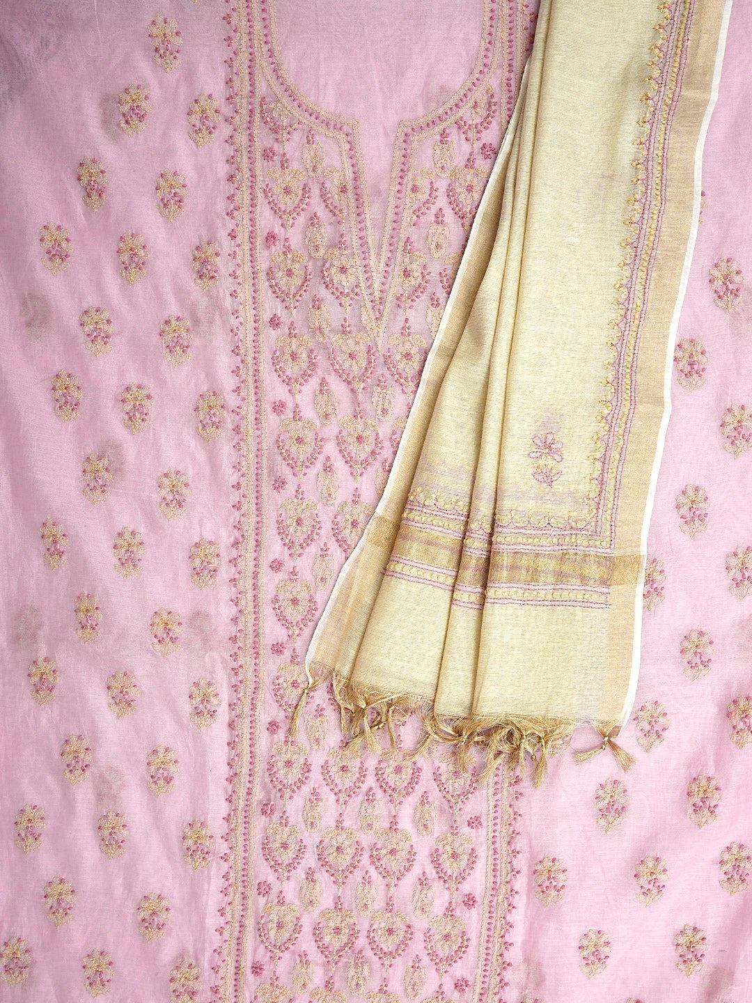 Ada Hand Embroidered Pink Chanderi Lucknowi Chikankari Unstitched Kurta Dupatta Set 01A710328