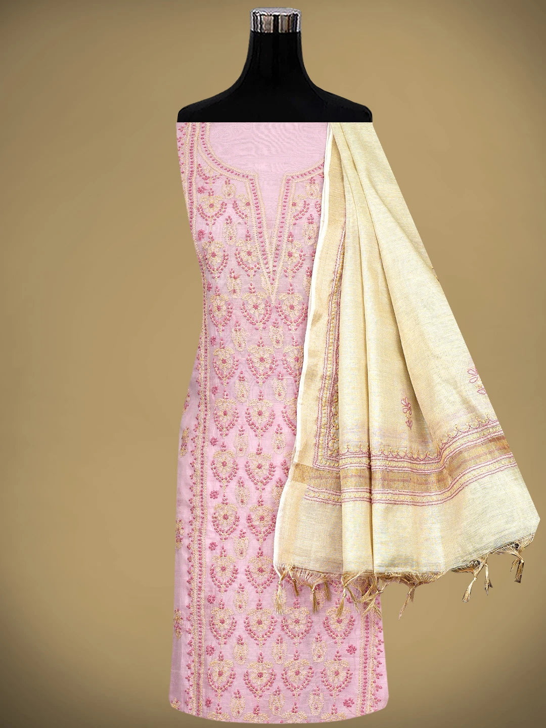 Ada Hand Embroidered Pink Chanderi Lucknowi Chikankari Unstitched Kurta Dupatta Set 01A710328