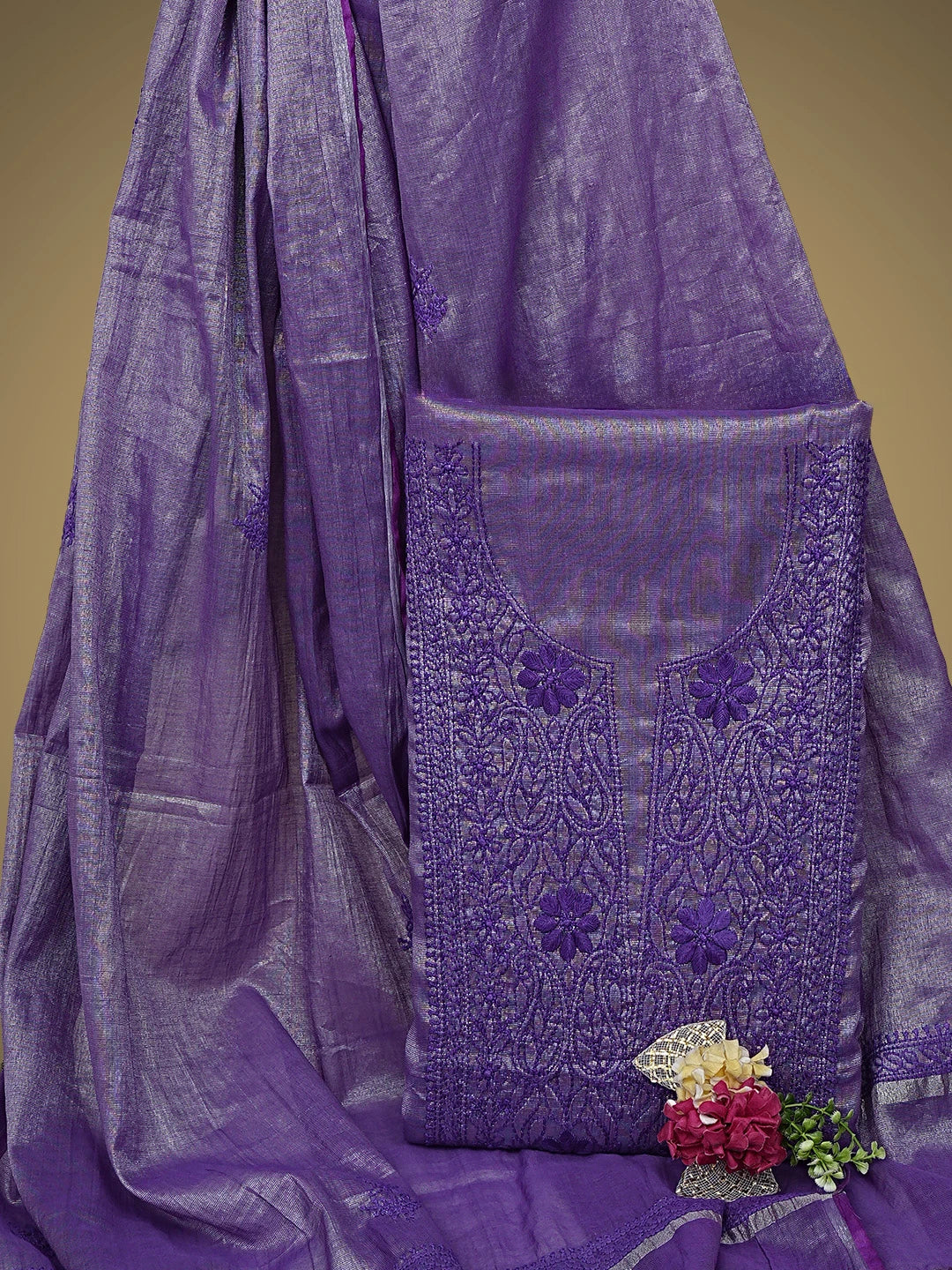 Ada Hand Embroidered Purple Tissue Lucknowi Chikankari Unstitched Kurta Dupatta Set 01A946080
