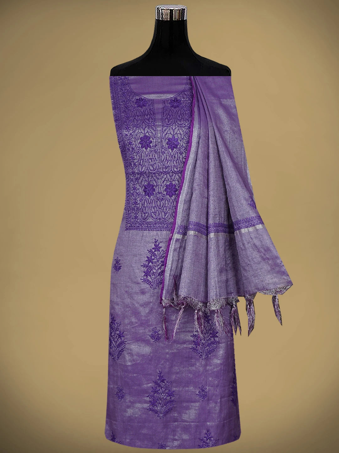 Ada Hand Embroidered Purple Tissue Lucknowi Chikankari Unstitched Kurta Dupatta Set 01A946080