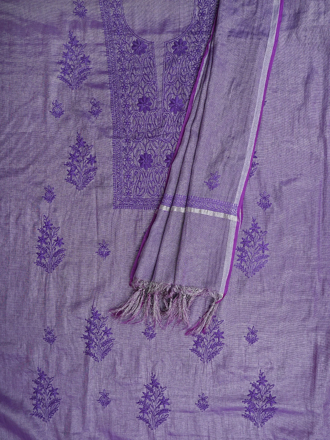 Ada Hand Embroidered Purple Tissue Lucknowi Chikankari Unstitched Kurta Dupatta Set 01A946080