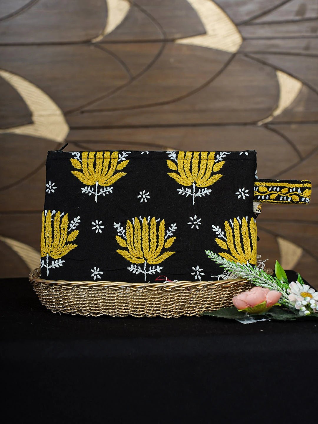 Ada Hand Embroidered Black Cotton Lucknowi Chikankari Pouch 01A935791