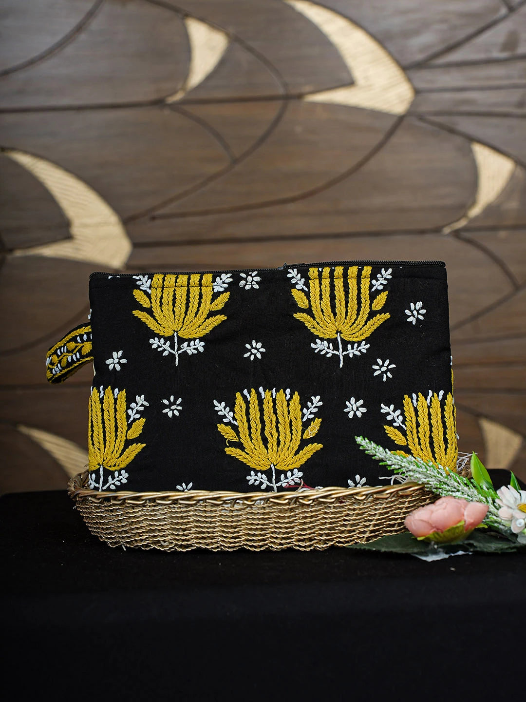 Ada Hand Embroidered Black Cotton Lucknowi Chikankari Pouch 01A935791