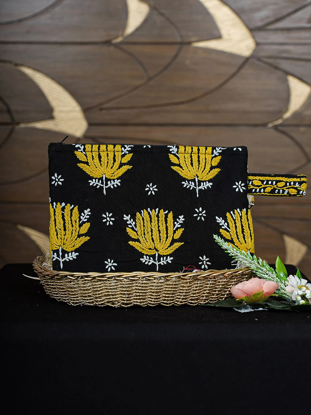 Ada Hand Embroidered Black Cotton Lucknowi Chikankari Pouch 01A935791