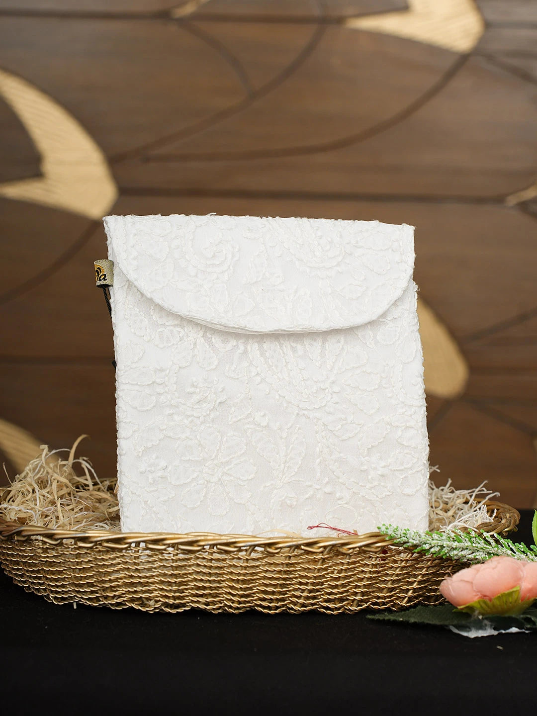 Ada Hand Embroidered White Faux Georgette Lucknowi Chikankari Pouch 01A916336