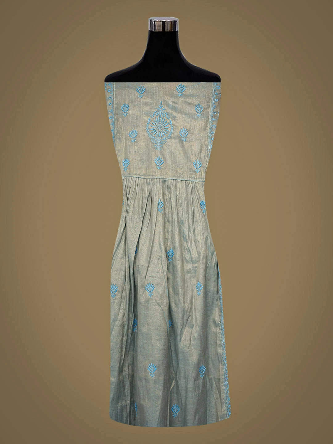Ada Hand Embroidered Blue Tissue Lucknowi Chikankari Semi-stitched A Line Kurta Dupatta Set 01A904474