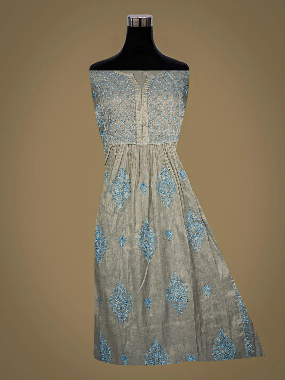 Ada Hand Embroidered Blue Tissue Lucknowi Chikankari Semi-stitched A Line Kurta Dupatta Set 01A904474